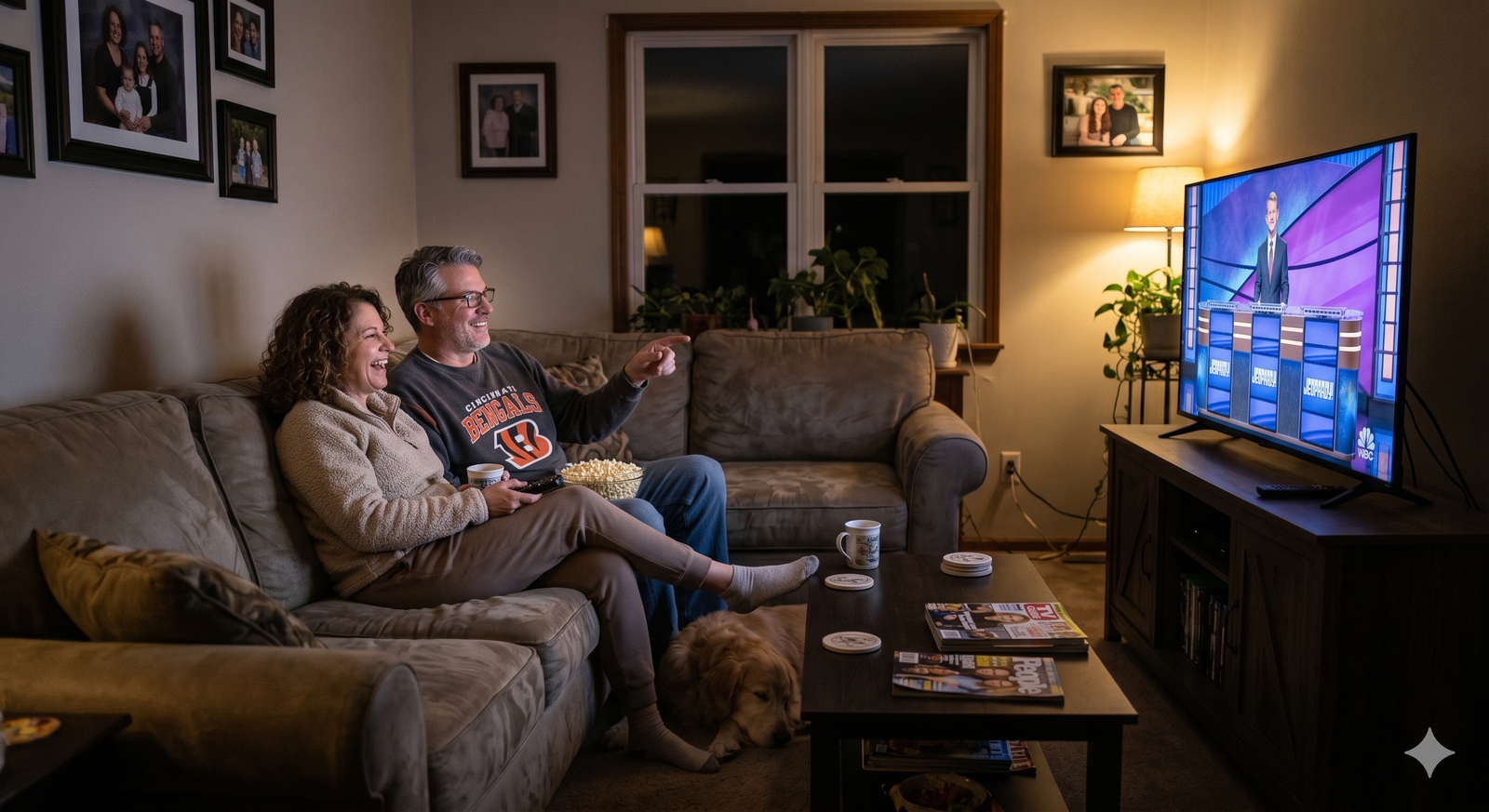 American family watching IB Player Pro IPTV subscription on a smart TV at home